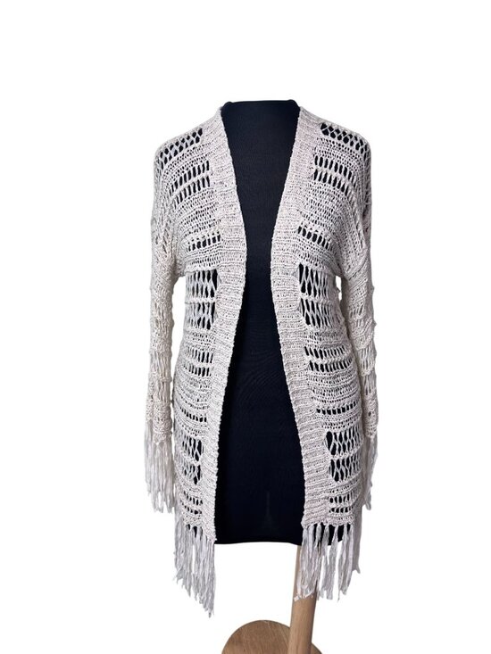 Crochet Open Front Fringe Cardigan Sweater By Kiwitucker S 100% Cotton Beige Lig - Picture 1 of 12